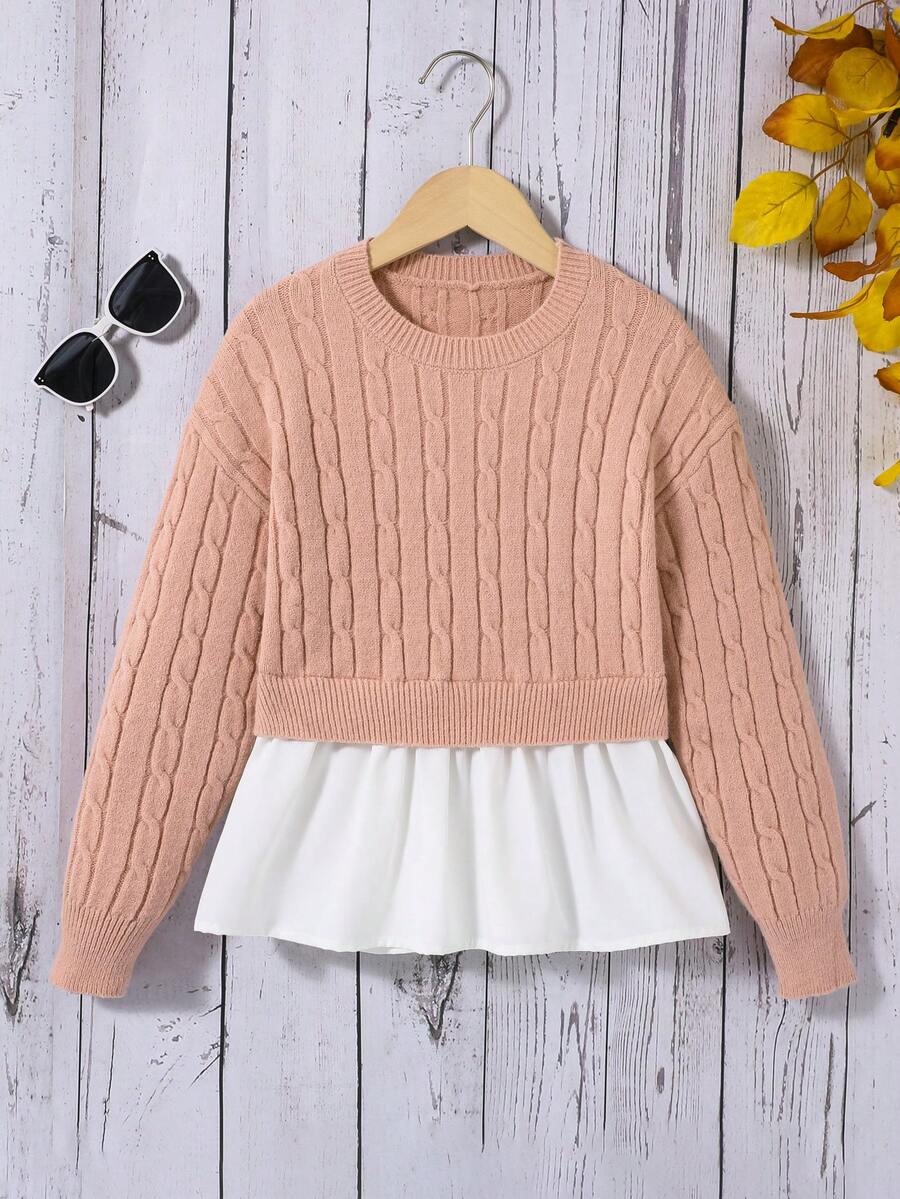 SHEIN 女童長袖拼接設計寬鬆針織毛衣,圓領款式 - 粉色 - 查看 1