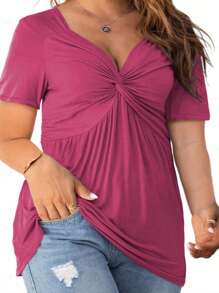 SHEIN LUNE 大尺碼女士扭結短袖t卹 - 紫色 - 查看 1