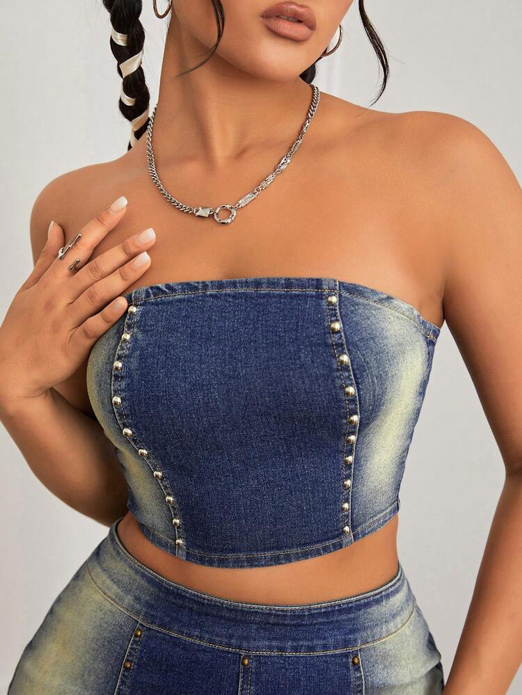 Women's Denim Strapless Top With Rivets