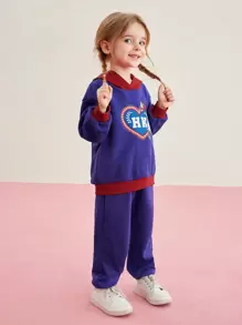 HELLO KITTY AND FRIENDS | SHEIN 年輕女孩色塊休閒套裝,卡通和字母印花 - 藍色 - 查看 4