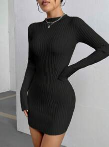 SHEIN Essnce Women's Plain Ribbed Knit Slim Fit Sweater Dress - Black - View 1