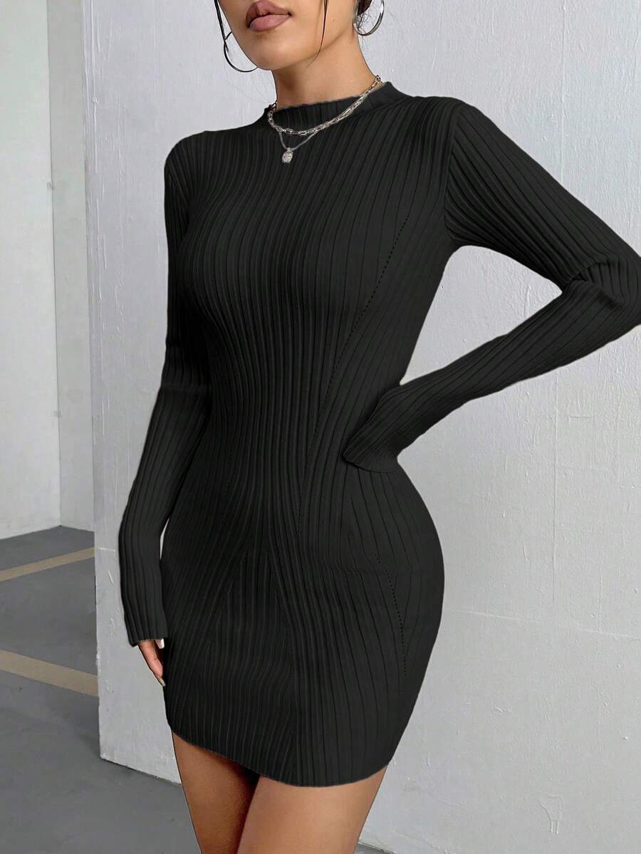 SHEIN Essnce Women's Plain Ribbed Knit Slim Fit Sweater Dress - Black - View 1