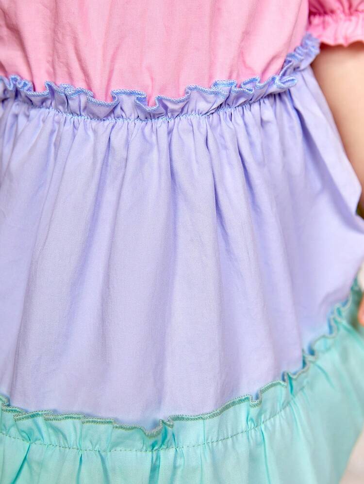 Baby Girl Casual Color Block Bubble Short Sleeve Dress With Ruffle Hem