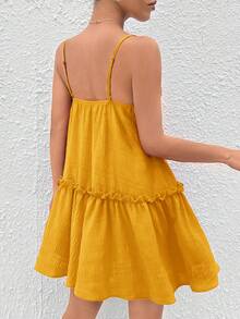 SHEIN PETITE 女士荷葉邊細肩帶連衣裙 - 薑色 - 查看 2