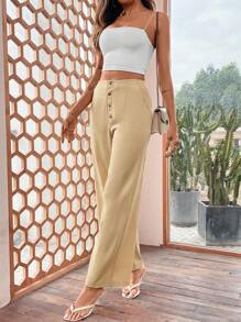 SHEIN LUNE Women's Button-Front Suit Pants - Khaki - View 5