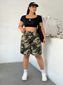 SHEIN EZwear Pantaloni Utility Con Tessuto A Camouflage Verde Per Escursioni All'aperto Taglie Forti Con Tasche Multiple Per L'estate - Multicolore - Visualizzare 4