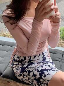 DAZY Áo thun nữ tay dài cổ bẻ không đối xứng màu trơn có dây rút bên hông - Hồng - Xem 2