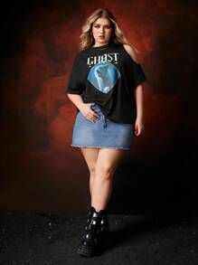 Game of Thrones X SHEIN Plus Wolf Pattern Cut Out T-Shirt - Black - View 7