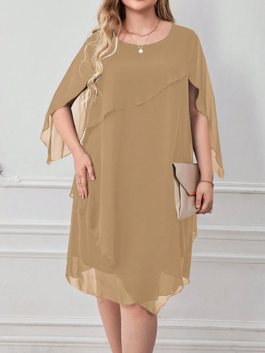 SHEIN Clasi Kích thước lớn Màu thuần Áo choàng Tay áo Đầm - Màu Khaki - Xem 1