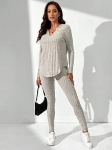 SHEIN Tall Ladies' Solid Color Ribbed Knit Two Piece Outfit - Apricot - View 3