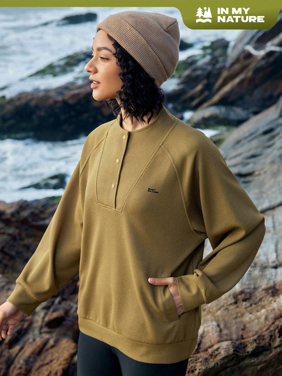 In My Nature Women's Raglan Long Sleeve Outdoor Sweatshirt With Letter Embroidery Design - Coffee Brown - View 1