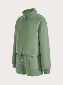 SHEIN Daily&Casual Women's Zipper Half-Placket Sweatshirt And Sports Shorts Set - Green - View 3