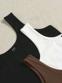 SHEIN EZwear 3入組女士純色針織背心套裝 - 棕色 - 查看 3