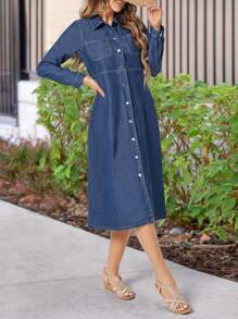 SHEIN LUNE Women's Front Button Denim Dress - Blue - View 1