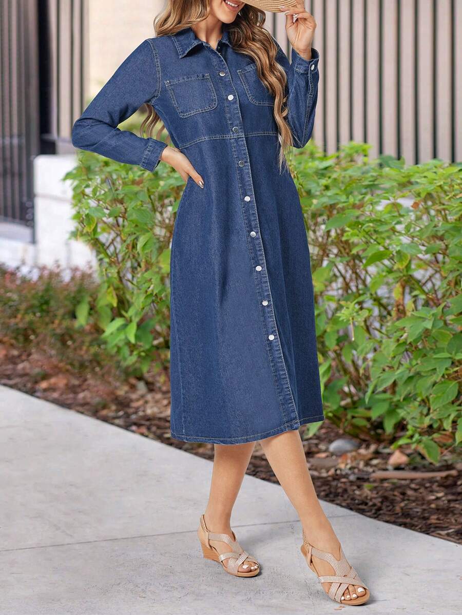 SHEIN LUNE Women's Front Button Denim Dress - Blue - View 1