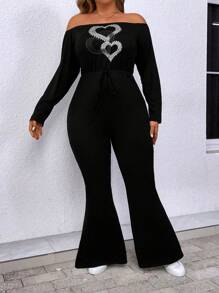 SHEIN LUNE Plus Size Heart Print Off Shoulder Flare Jumpsuit - Black - View 4