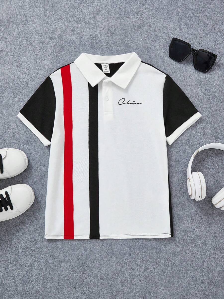 SHEIN Tween Boys' Casual Comfortable Color Block Polo Shirt With Letter Print - White - View 1