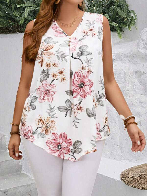 EMERY ROSE Plus Size Women Print V-Neck Tank Floral Blouse For Spring, Summer