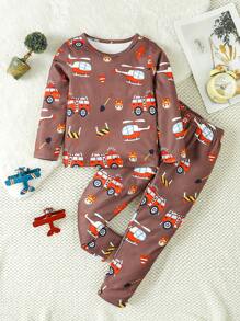 Young Boys' Cartoon Airplane Printed Long Sleeve Top And Pants Homewear Set - Brown - View 1