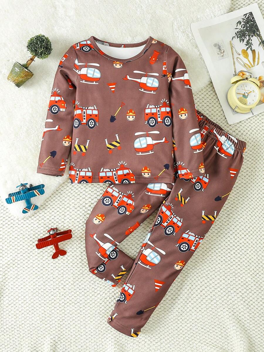 Young Boys' Cartoon Airplane Printed Long Sleeve Top And Pants Homewear Set - Brown - View 1