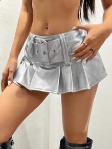 VaVaBold Metallic Sheen & Eyelet Design Pleated Hem Skirt - Silver - View 3