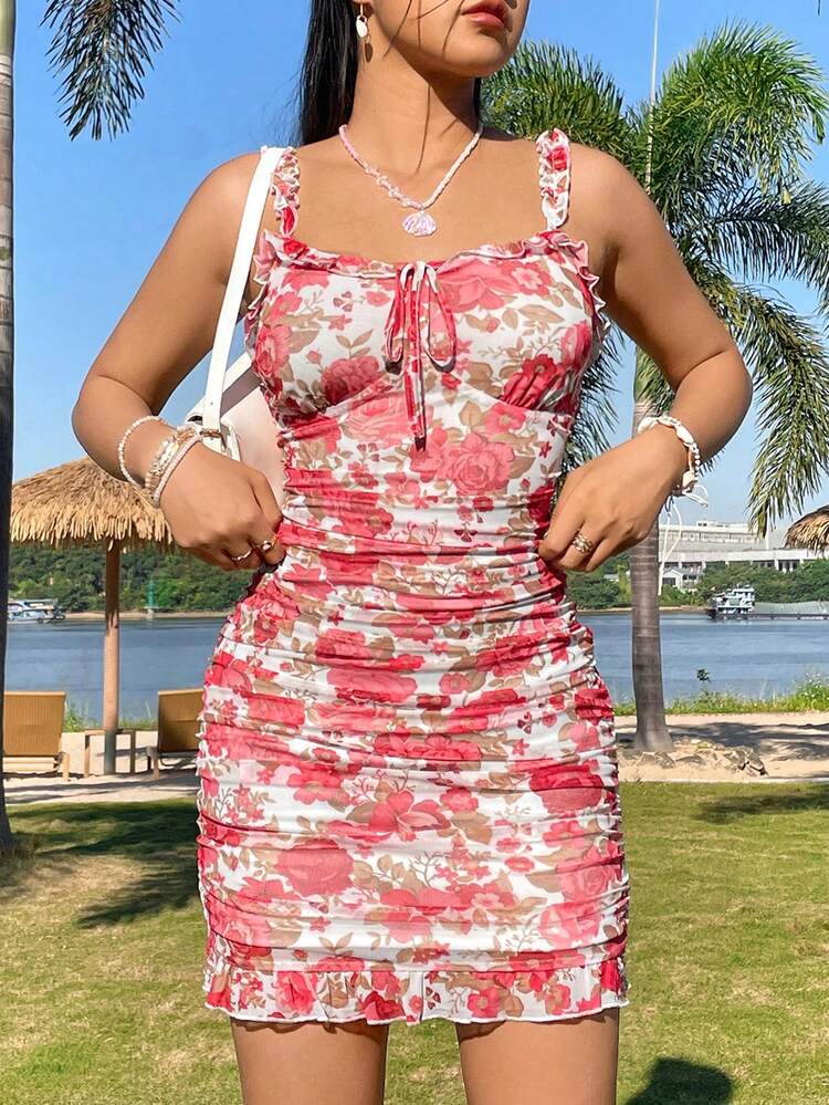 Women's Floral Printed Pleated Slim Fit Spaghetti Strap Vacation Dress