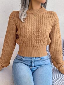 Solid Color Knitted Sweater With Braided Pattern Long Sleeve - Khaki - View 1