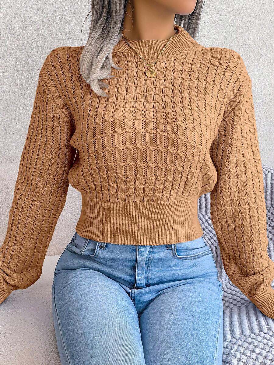 Solid Color Knitted Sweater With Braided Pattern Long Sleeve - Khaki - View 1