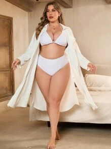 SHEIN Swim Curve Plus Size Women's Lapel Collar Asymmetric Split Shirt Dress Wedding - White - View 5