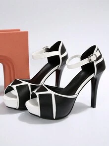 Giày Sandal Nữ Cao Gót Đế Chống Thấm Nước, Hở Mũi, Peep Toe, Quai Cổ Chân, Gót Mỏng Và Đế Chống Trơn Trượt - màu đen - Xem 6