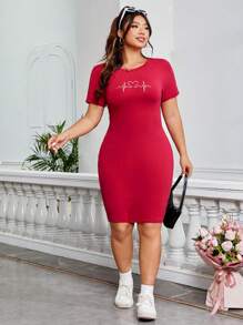 SHEIN EZwear Plus Size Heart Print Bodycon Dress With Ecg Pattern - Red - View 4