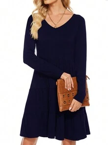 女式分層不對稱下擺休閒連衣裙 - 藏蓝色 - 查看 5