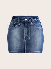 SHEIN ICON Women's Low Waisted Washed Denim Mini Skirt - Dark Wash - View 1