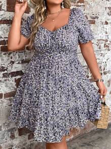 Breezaya 甜心領花卉印花大尺碼連衣裙,腰部綁帶設計 - 紫色 - 查看 4