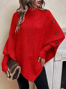 SHEIN Essnce 女款連結裝飾高領蝙蝠袖休閒毛衣 - 紅色 - 查看 1