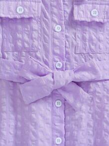 年轻女孩时尚休闲格子泡泡短袖连衣裙，翻领、口袋和领带，适合旅行、度假、派对、夏装 - 紫色 - 查看 6