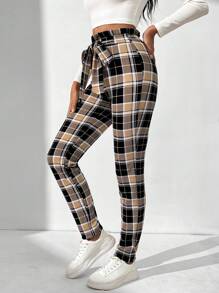 SHEIN Tall Women'S Slim Fit Plaid Pants - Khaki - View 5