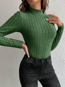 SHEIN Tall Women's Slim Fit Half High Neck Ribbed T-Shirt - Dark Green - View 5