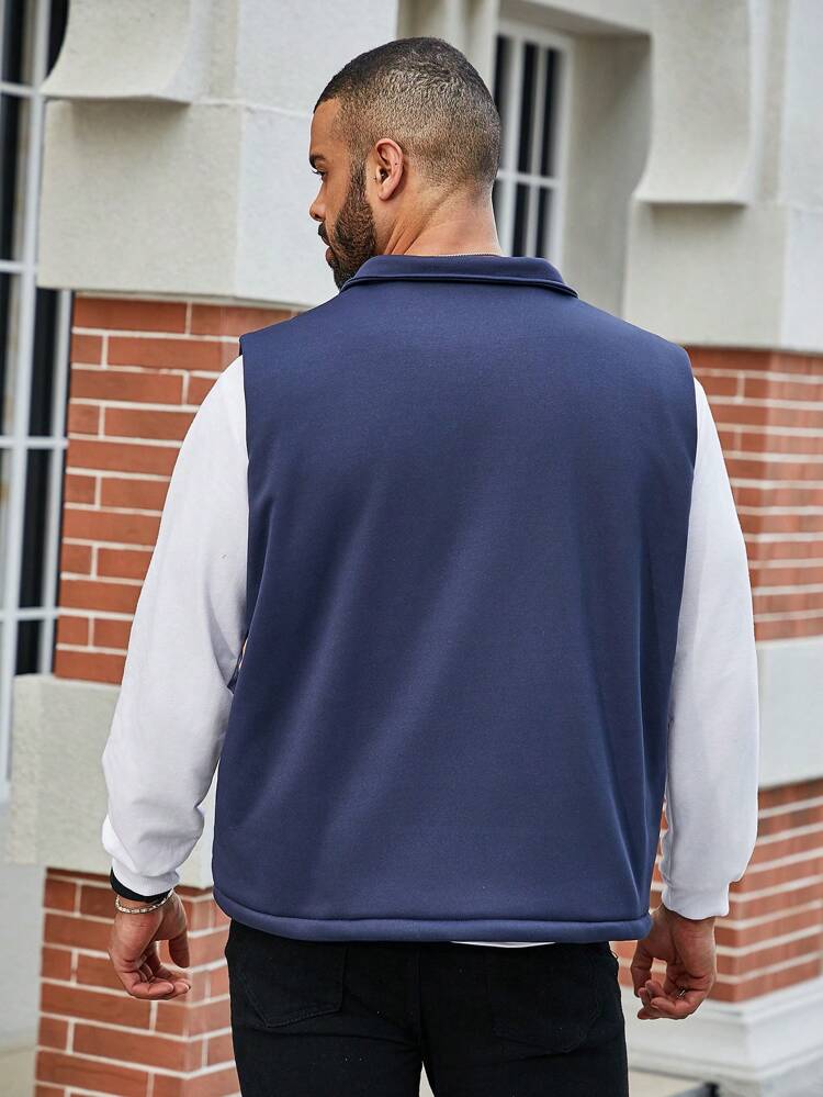 Plus Size Men's Teddy Lined Zipper Front Vest Jacket With Double Pockets