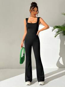 SHEIN EZwear Women'S Solid Color Casual Jumpsuit - Black - View 4