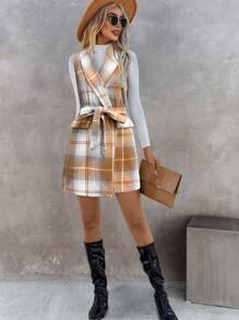 SHEIN Essnce 格子披肩領帶繫帶束腰連身裙 - 卡其色 - 查看 5