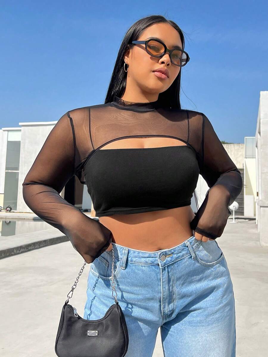 SHEIN EZwear 1pc Women's Black Knit Mesh Top (Excluding Camisole) - Black - View 1