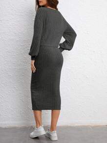 SHEIN Essnce Women's Ribbed Button Cardigan And Cami Dress Set - Dark Grey - View 2