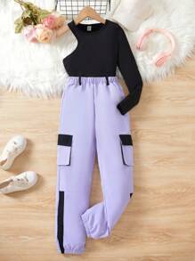 SHEIN Tween Girls' One Shoulder Long Sleeve Top And Cargo Pocket Jogger Pants Two Piece Set - Purple - View 1