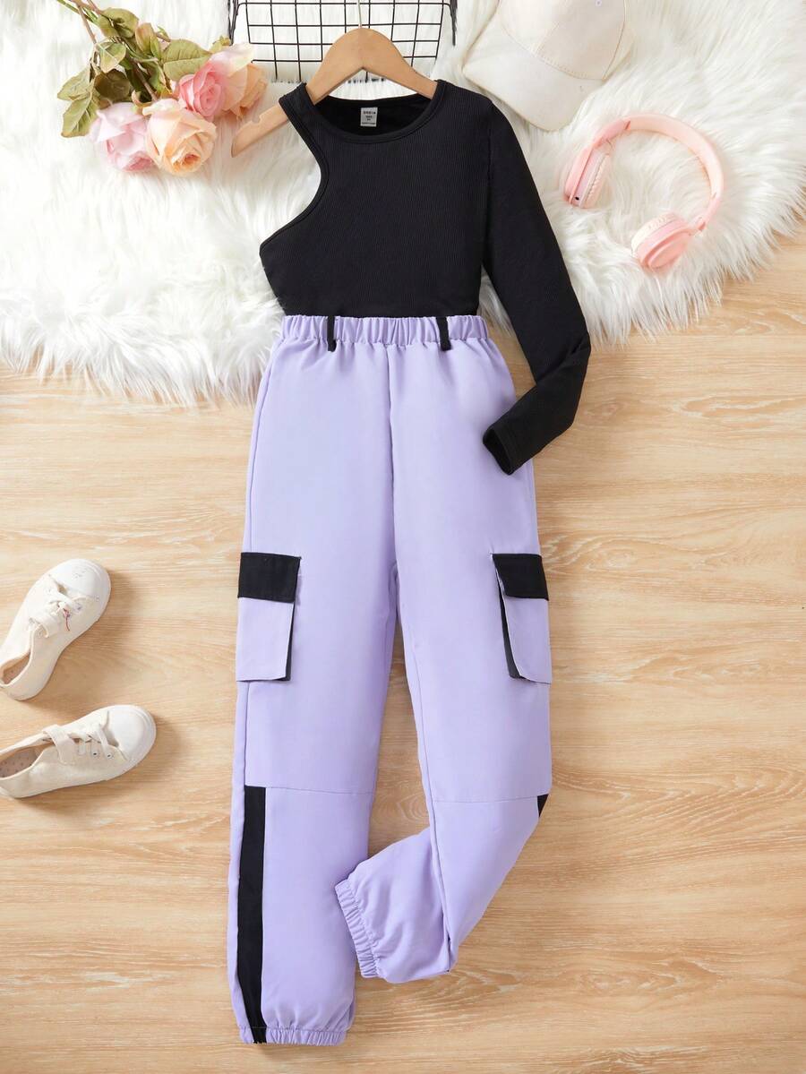 SHEIN Tween Girls' One Shoulder Long Sleeve Top And Cargo Pocket Jogger Pants Two Piece Set - Purple - View 1