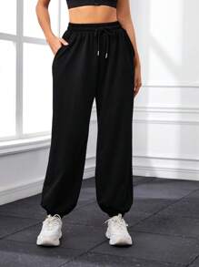 SHEIN Sports 女士純色束口褲,帶有彈性袖口 - 黑色 - 查看 6