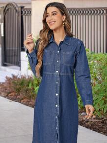SHEIN LUNE Women's Front Button Denim Dress - Blue - View 5