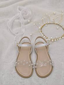 Girls Fashionable & Comfortable Transparent Pearl Wave Style Princess Sandals For Mid/Kids