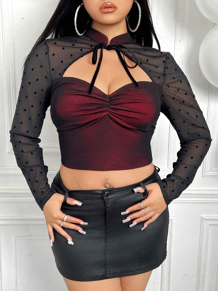 Plus Size Women's Mesh Splice Pleated Strap Tie Front T-Shirt