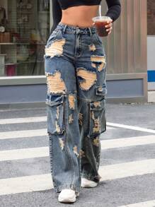 SHEIN ICON Distressed Denim Overalls Wide Leg Pants - Medium Wash - View 6